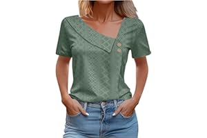 FAVIPT Eyelet Embroidery Tops for Women Summer Dressy Casual V Neck Button Up Short Sleeve T Shirts Trendy 2024 Soft Blouses
