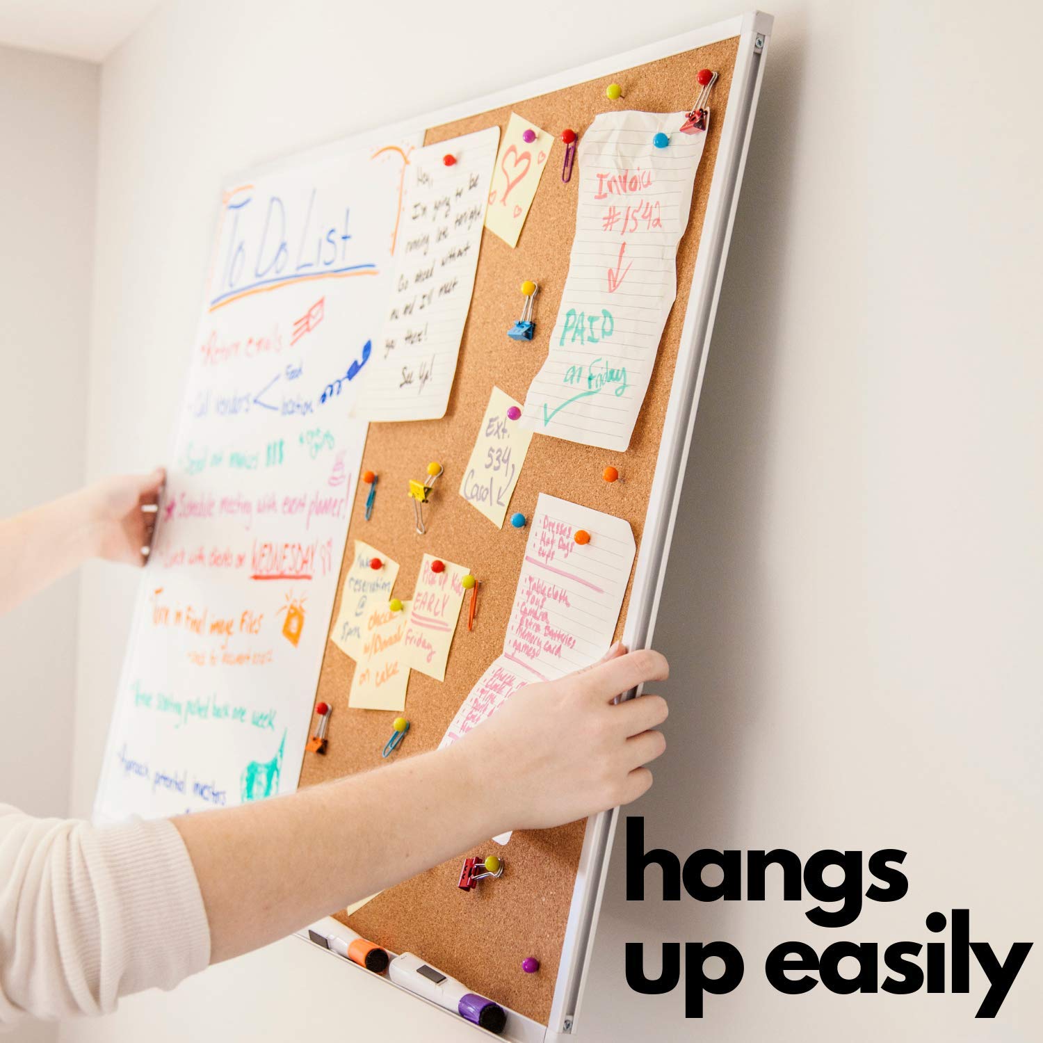 36 x 24 White Board and Cork Board Combination, Magnetic Bulletin Combo Board for Home or Office, Use as Vision or Message Board, Wall Mounted Memo Board, Dry Erase Markers, Eraser, Magnets, Push Pins