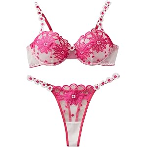 OYOANGLE Women's Floral Embroidery Lace Sheer Lingerie Set | Set See Through Underwire Bra, String Thong Sets