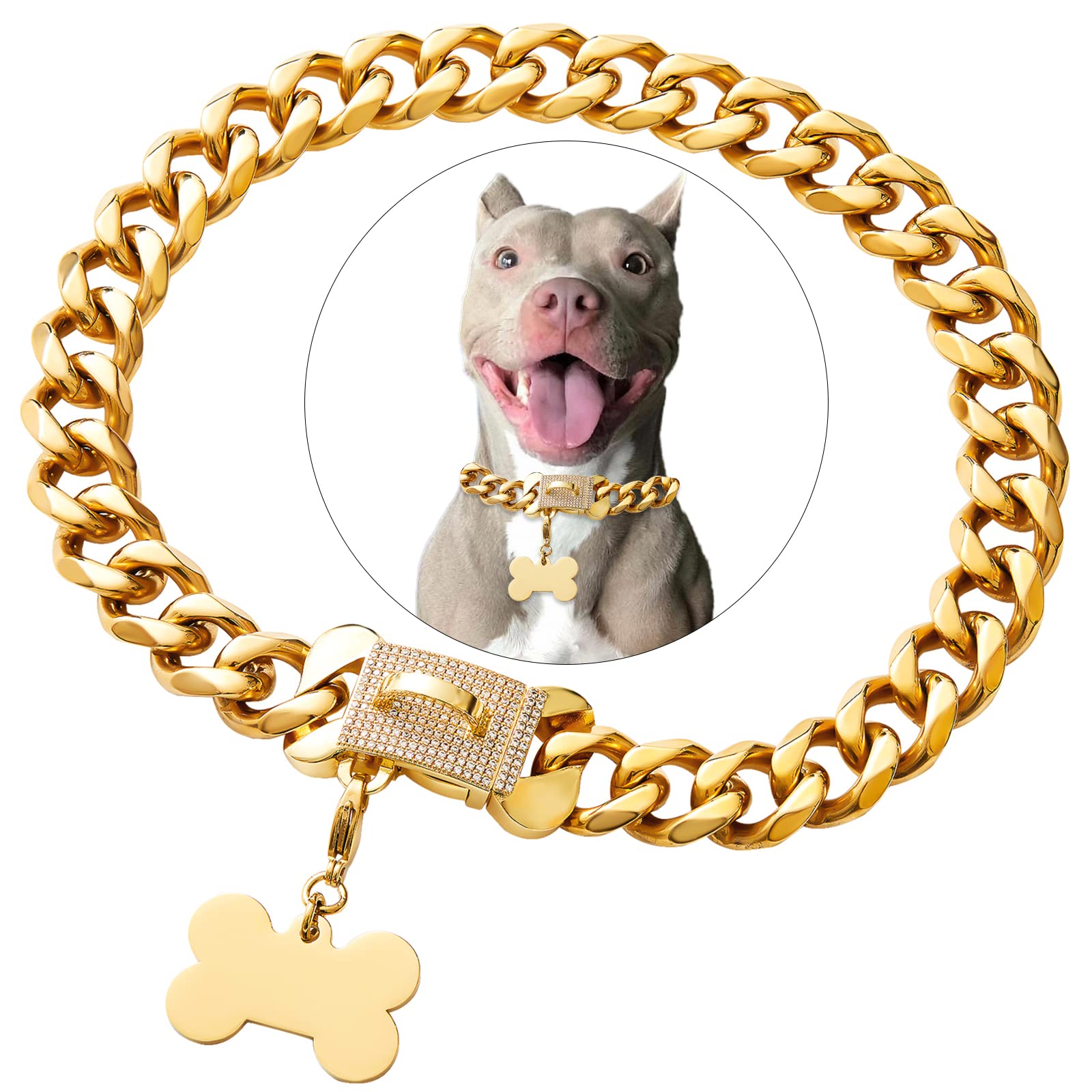 Photo 1 of Stainless Steel Cuban Gold Link Heavy Duty Necklace Dog Collar for Small Medium Large Dogs, American Bully French Bulldog Dog Collar with CZ Luxury Safety Personalized Dog Tag