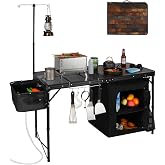 REDCAMP 4ft Camping Kitchen Table with Sink, Outdoor Cooking Station | Folding Grill Table with Storage Organizer and Telescoping Light Stand, Camping Kitchen Station for BBQ, Party and Picnic