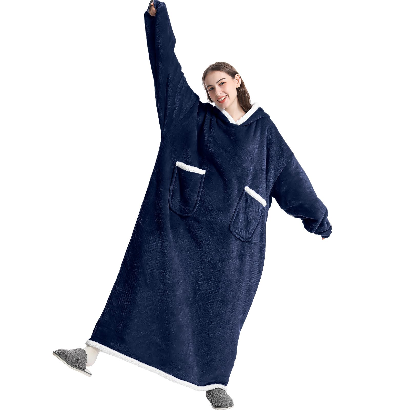 Extra Long Hoodie Blanket, Oversized Sherpa Hoodie Blanket for Women and Men, Wearable Blanket Hoodie with Sleeves and Giant Pocket (Navy Blue, 150 Long)