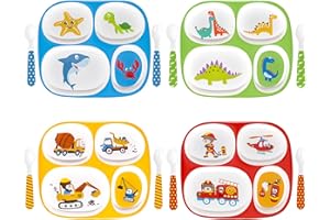 Boromine Set of 4 Divided Melamine Dinner Plates for Boys, Shatterproof Kids Dinnerware with Fun Themes (Firefighter, Dinosaur, Construction, Sea Animal), Perfect for Picky Eaters, Toddler Essentials
