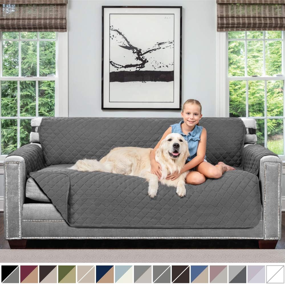 Sofa Shield Original Patent Pending Reversible Large Sofa Protector for Seat Width up to 70 Inch, Furniture Slipcover, 2 Inch Strap, Couch Slip Cover Throw for Pet Dogs, Cats, Sofa, Charcoal: Home & Kitchen