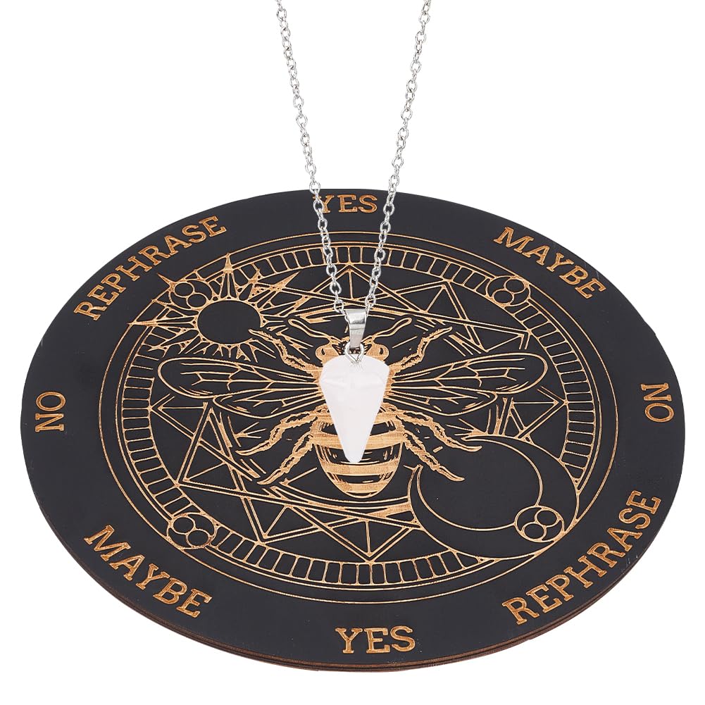 INFUNLY Wooden Pendulum Board 7.9" Bee Magic Circle Witch Dowsing Divination Planchette Board Metaphysical Message Board with Healing Crystal Necklace for Beginners, Witchcraft Altar