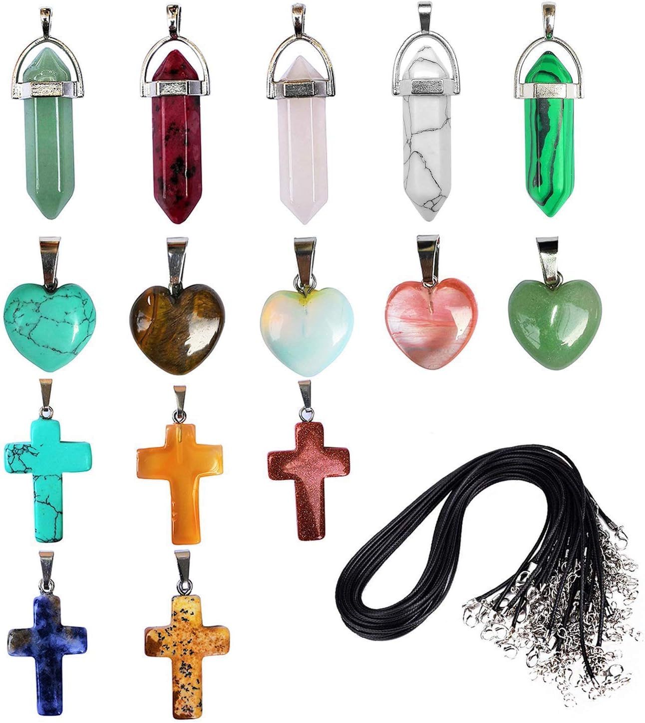 15Pcs 3 Style Gemstone Pendant, Hexagonal Chakra Bullet Shape Crystal Pendants, Natural Quartz Cross Pendants, Heart Stone Pendants with 15Pcs Braided Imitation Leather Cord