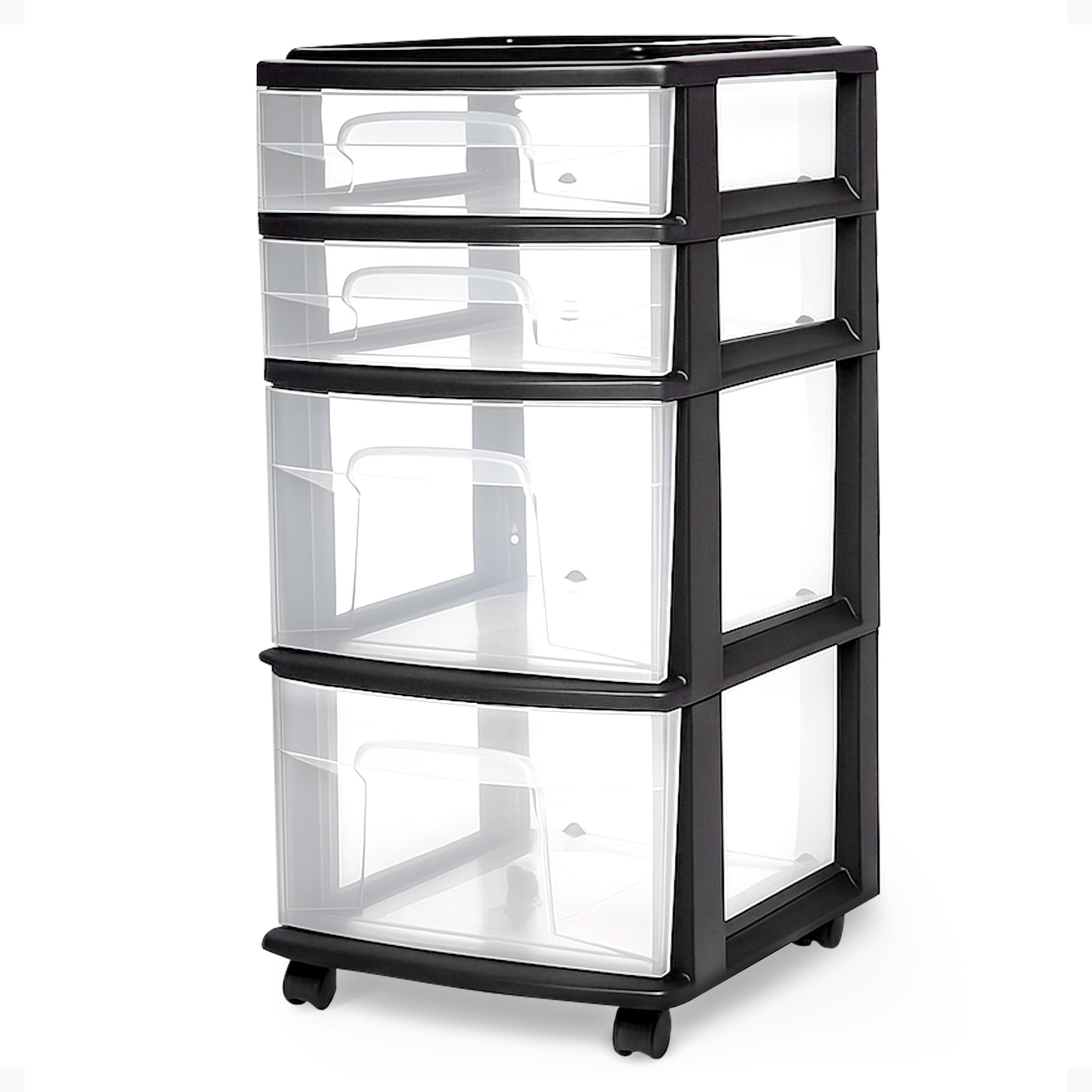 Photo 1 of (MISSING WHEELS)HOMZ Drawer Tower, 4-Tier Clear Plastic Storage Organizer Cart, Black Frame - Multi-Purpose Rolling Drawers with Wheels for Bedroom, Bathroom, and Office Organization