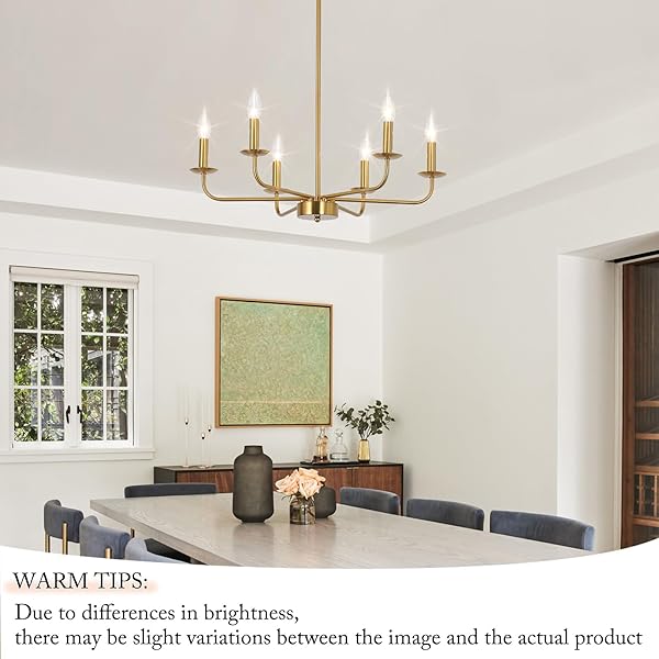 JZQWCK MODERN FARMHOUSE GOLD CHANDELIER FOR DINING ROOM, 6 LIGHTS RUSTIC CANDLE GOLD CHANDELIER LIGHT FIXTURE ADJUSTABLE HEIGHT CEILING HANGING LIGHTING FOR LIVING ROOM, KITCHEN, ENTRYWAY, FOYER
