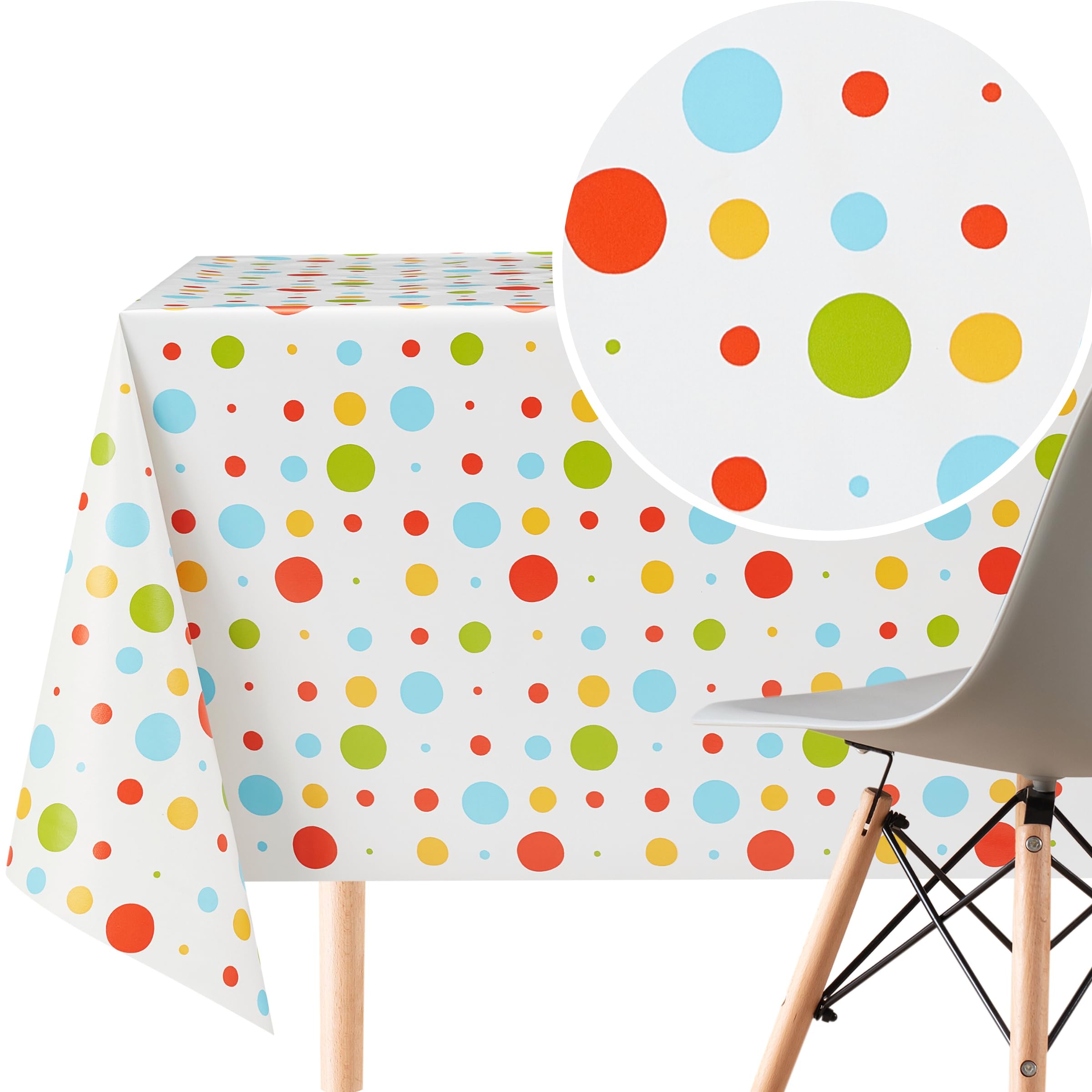 KP HOME White PVC Table Cloth - Wipe Clean Tablecloth Oilcloth in Polka Dot Print - Square 140x140 cm 55x55 In 4 Seats Wipeable Waterproof Plastic Table Cover Outdoor Protector Vinyl Kids — image 1