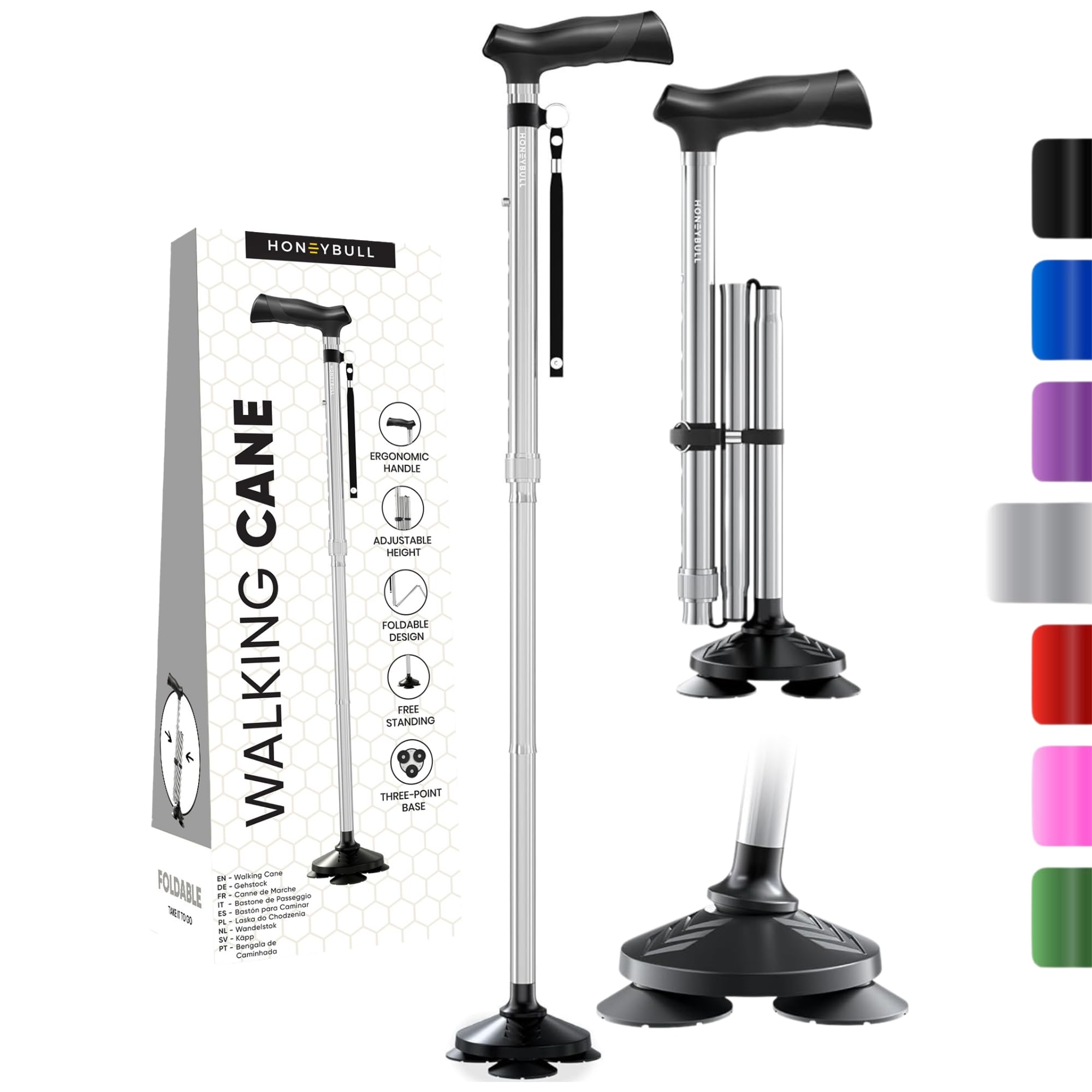 HONEYBULL Walking Cane for Men & Women - Foldable, Adjustable, Collapsible, Free Standing Cane, Pivot Tip, Heavy Duty | Walking Sticks, Folding Canes for Seniors & Adults (Silver)