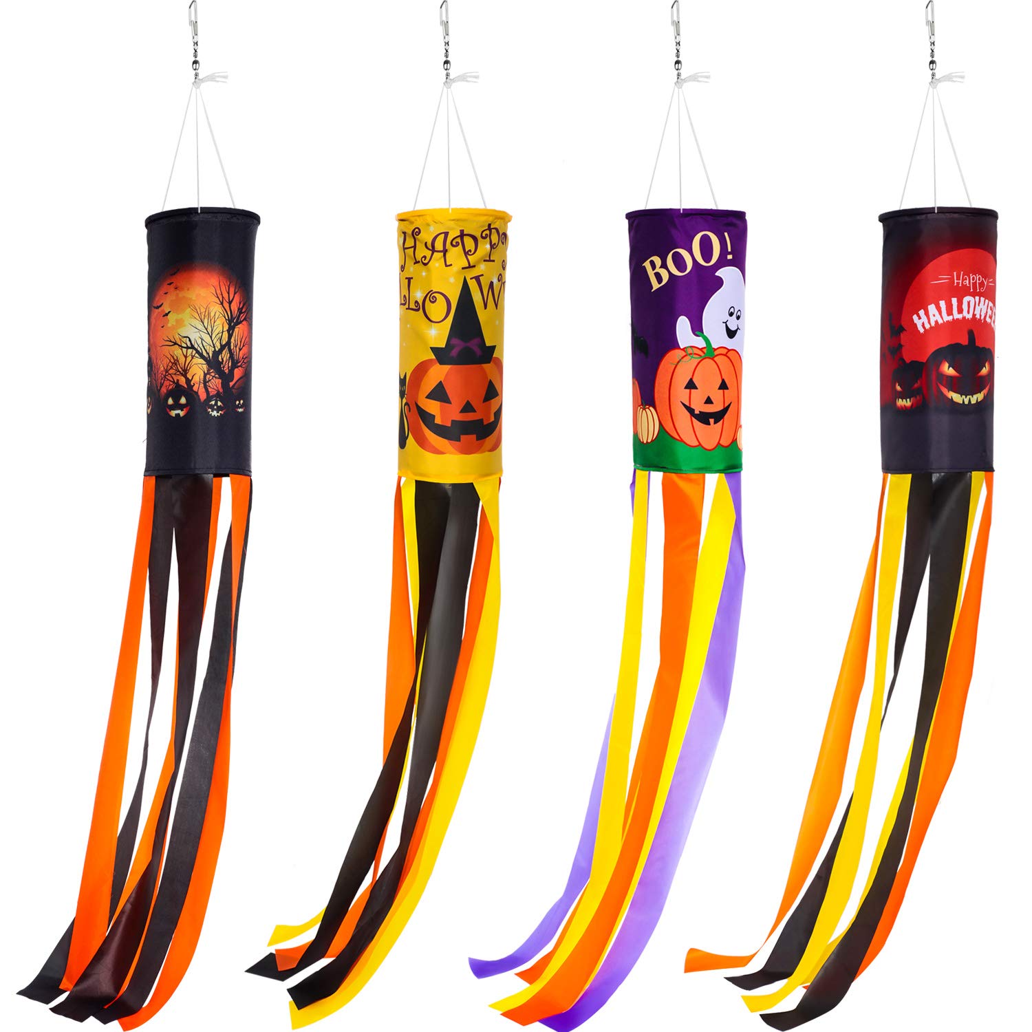 4 Pieces 40 Inch Halloween Pumpkin Ghost Windsock Flag Ghost Windsock Halloween Hanging Decoration Halloween Themed Holiday Windsock for Front Yard Patio Lawn Garden Party Decor