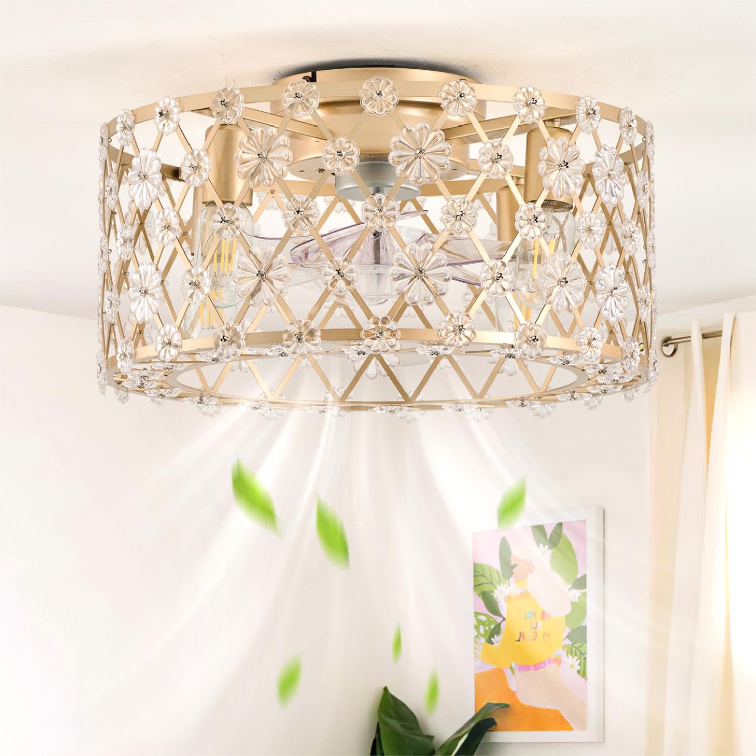 Photo 1 of youngrender Gold Caged Ceiling Fan with Light Flush Mount,18 Inch Flower Ceiling Fan with Lights and Remote Control, Modern Crystal 6 Speeds for Girl's Bedroom Living Room Kitchen