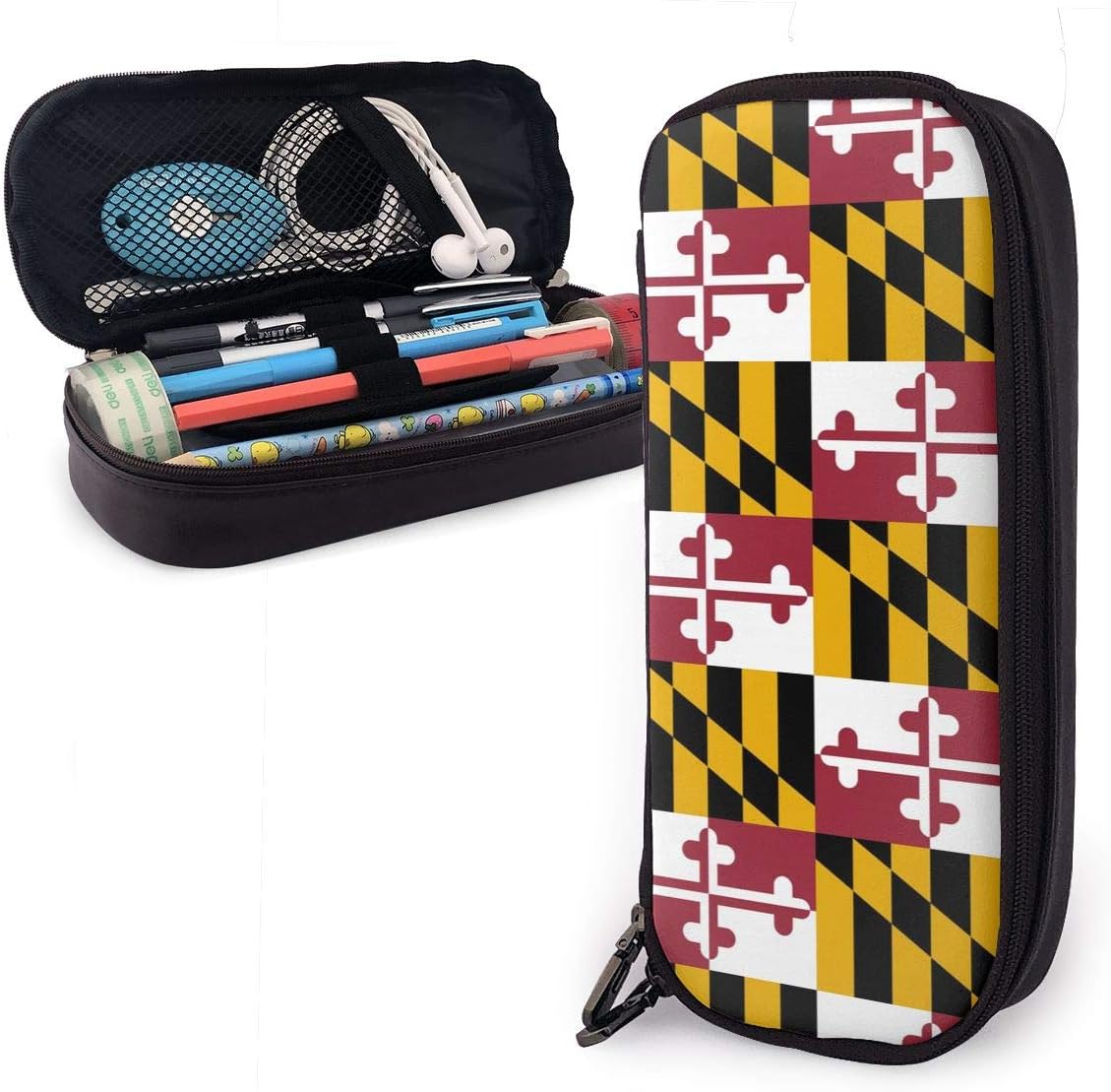 Cool Maryland Flag Leather Pencil Case for Adults and Students,Pen Case Makeup Pouch for Purse Zipper Pouch for Pencils Pens Markers