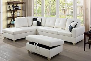 SIENWIEY White Leather Sectional Couch for Living Room Set,Sectional Sofa L Shape Couch with Storage Ottoman/Creamy White Faux Leather/Facing Left Chaise