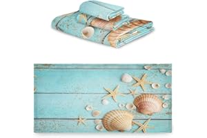 Naanle 3D Wooden Board Starfish Shells Summer Soft Luxury Decorative Set of 3 Towels, 1 Bath Towel+1 Hand Towel+1 Washcloth, Multipurpose for Bathroom, Hotel, Gym, Spa and Kitchen