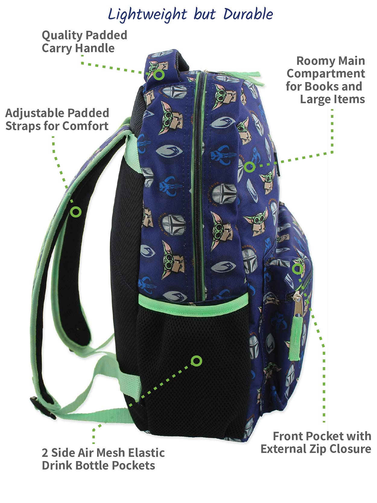 Disney Star Wars Mandalorian Baby Yoda Boy's Girl's Adult 16 Inch School Backpack (One Size, Blue/Green)
