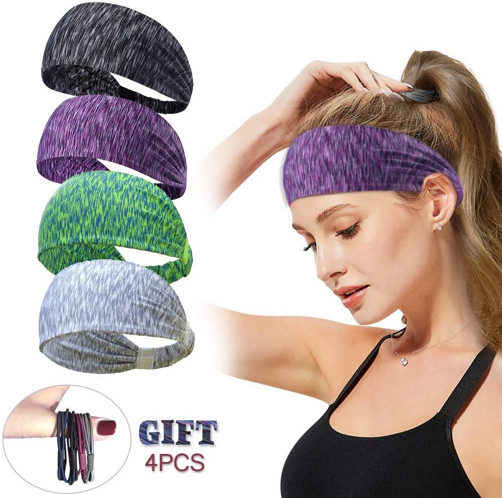 Meile Set of 4 Workout Headbands for Women Men Anti-Slip Wicking Sweat Bands Sweatband Yoga Sweat Bands Elastic Wide Headbandsfor Tennis Running Gym Cycling Basketball