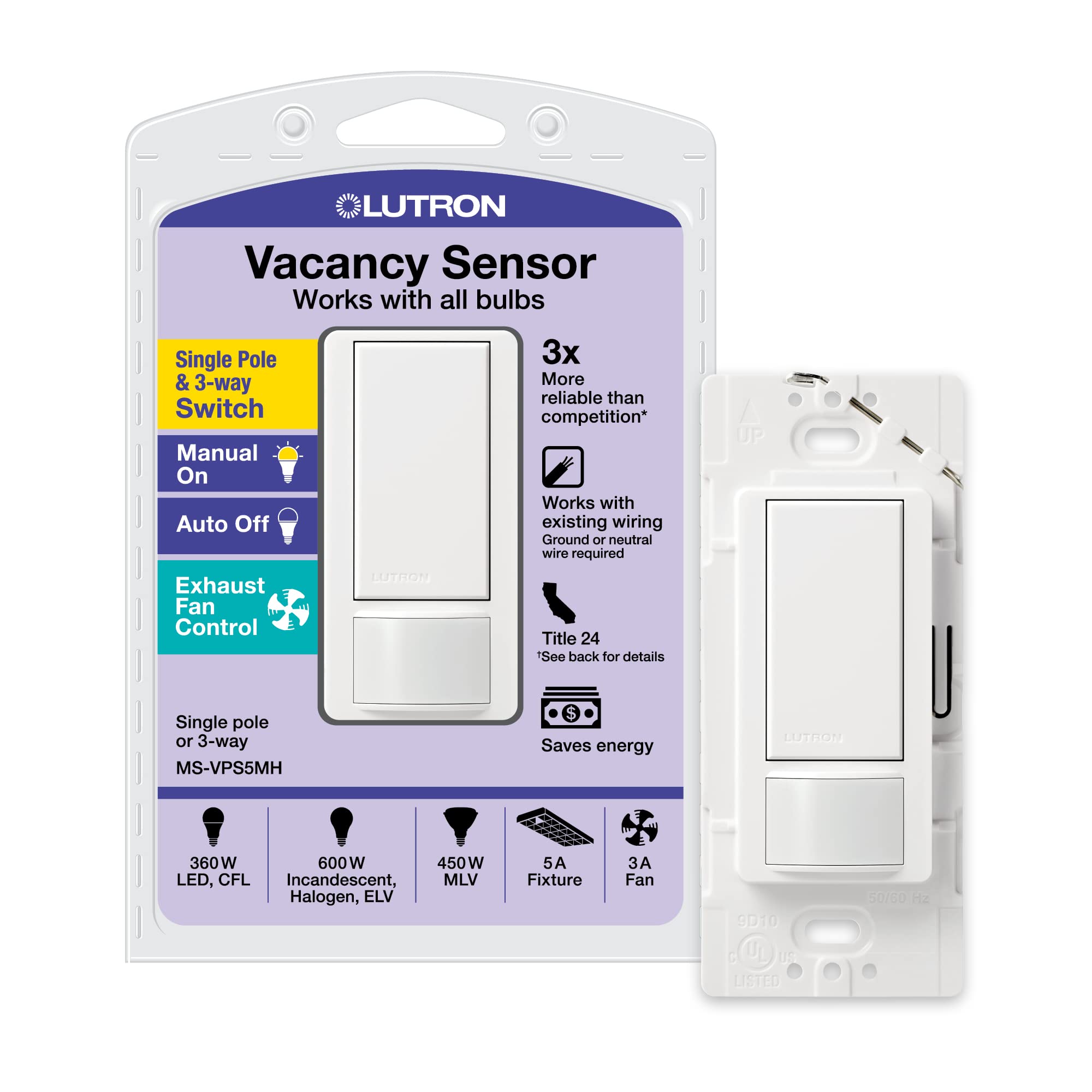 Photo 1 of Lutron Maestro Vacancy Motion Sensor Light Switch for Bathroom, Garage, Laundry Room, and Closet, for Any Light Bulbs, Vacancy Sensor Only, Single-Pole Only, No Neutral Required, MS-VPS5MH-WH, White