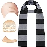 HEYFIZZ 4 Pcs Halloween Costume Accessories for Adult,Black Gray Striped Scarf/Fake Nose/Bald Cap for Men Cosplay Set