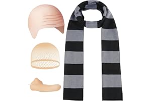 HEYFIZZ 4 Pcs Halloween Costume Accessories for Adult,Black Gray Striped Scarf/Fake Nose/Bald Cap for Men Cosplay Set