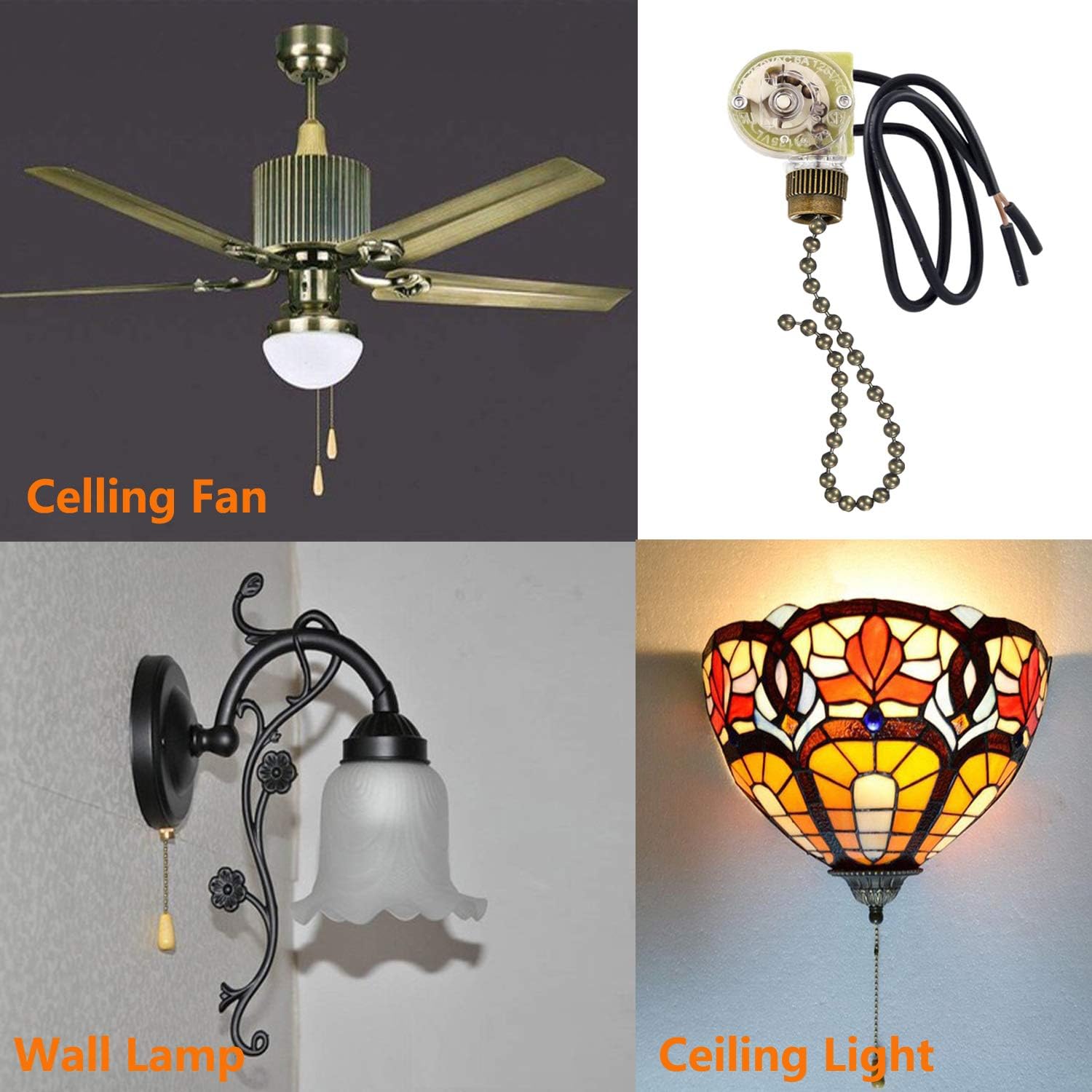 2 Pack Fan-Light Switch & Pull Chain, Electrical Pull Chain Switch, ON-Off, 6 A/125V AC, 6 inch Wire Terminal (Antique Brass Pull Chain) - - 