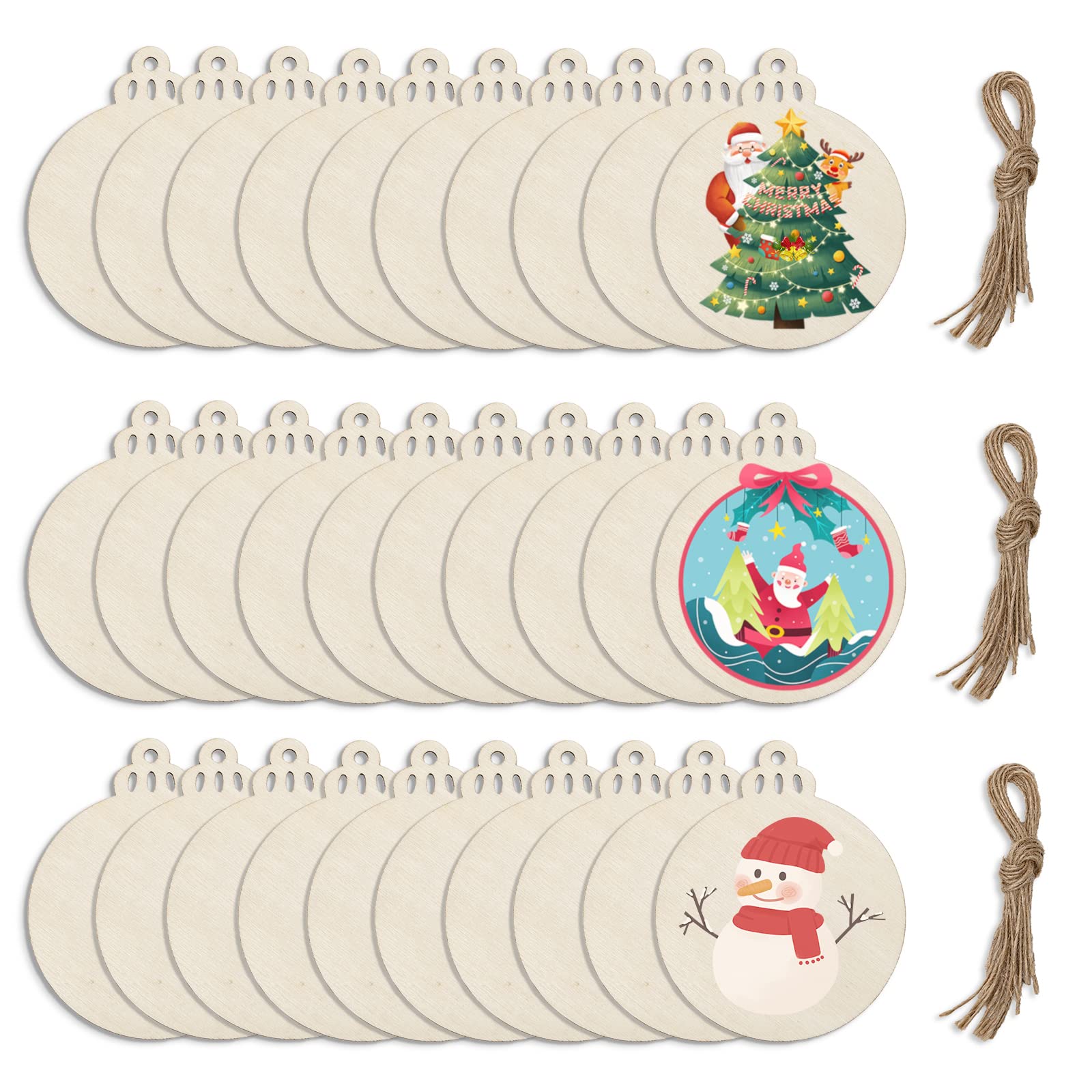 60PCS Wooden Christmas Decorations, DIY Wooden Decorations for Crafting, Christmas Tree Decorations with Holes and String, Circles Christmas Crafts Baubles