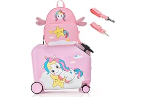 HONEY JOY Kids Luggage, 12” Children Travel Backpack & 18” Hard Shell Carry-on Luggage, Anti-Lost Adjustable Strap, Airplane 