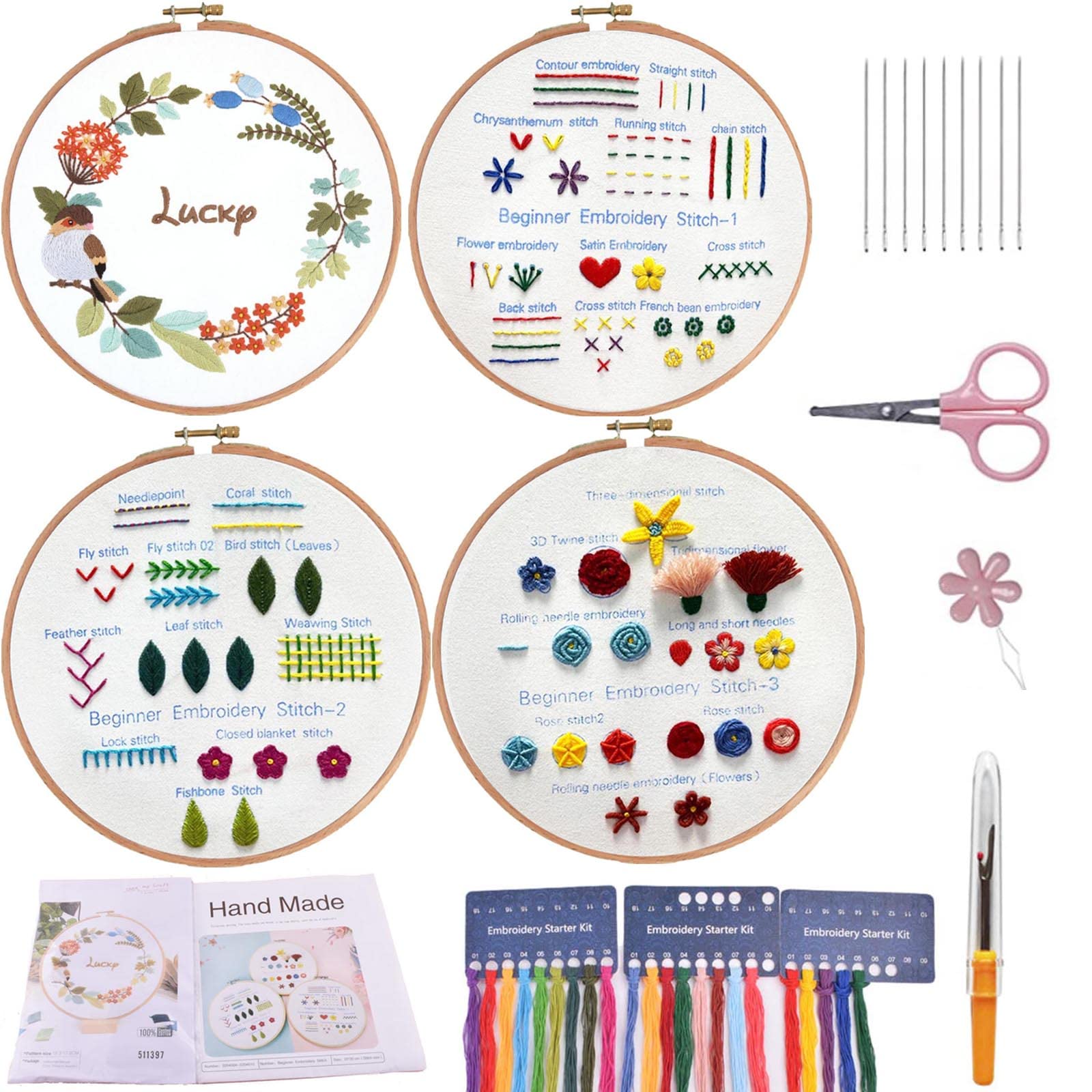 Beginners Embroidery Stitch Practice kit, 4 Sets Embroidery Kit to Learn 30 Different Stitches for Craft Lover Hand Stitch with Embroidery Fabric with Embroidery Skill Techniques — image 1
