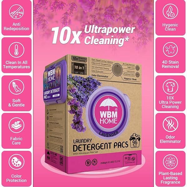 WBM 10-IN-1 LAUNDRY PODS WITH SOFTENER & SCENT BOOSTER, 96 COUNT, HIGH EFFICIENCY (HE), FABRIC SOFTENER, LAVENDER EXTRACTS, STAIN LIFTER, ECO-FRIENDLY, GENTLE, FRESH