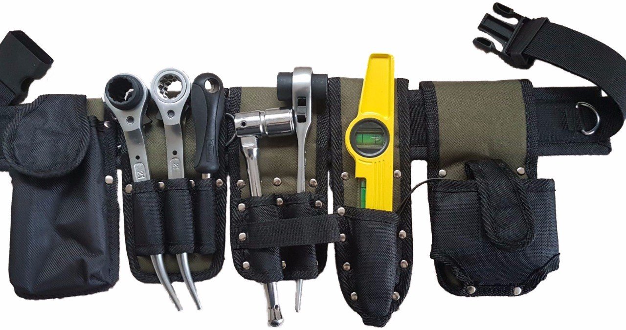 Scaffolding Nylon Olive Green Tool Belt.| Padded Work Belt | Tape Level Holder | Ratchet Spanner Frog | Podger Pocket | Mini Tool Pocket | Lanyard Rings D Loop