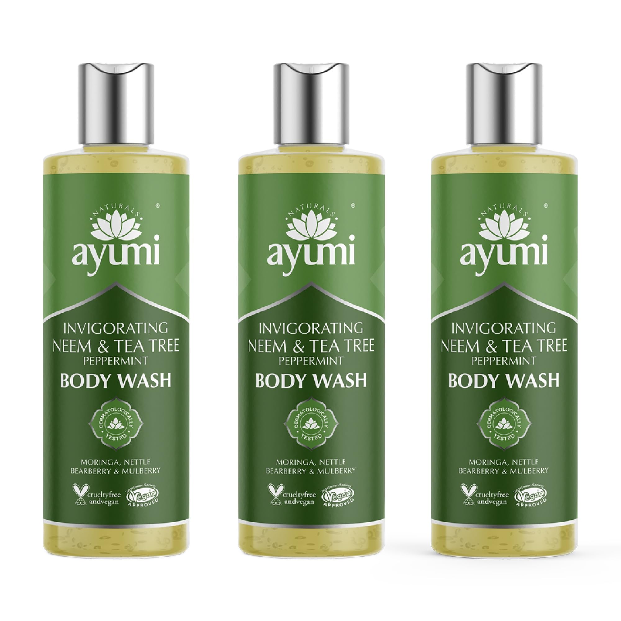 Ayumi Neem Body Wash for Oily Skin | Acne Body Wash with Tea Tree Oil | Itchy Skin Wash with Nettle Extract | Moisturising Shower Gel with Moringa Oil | Womens & Mens Shower Gel | 3x250 ml