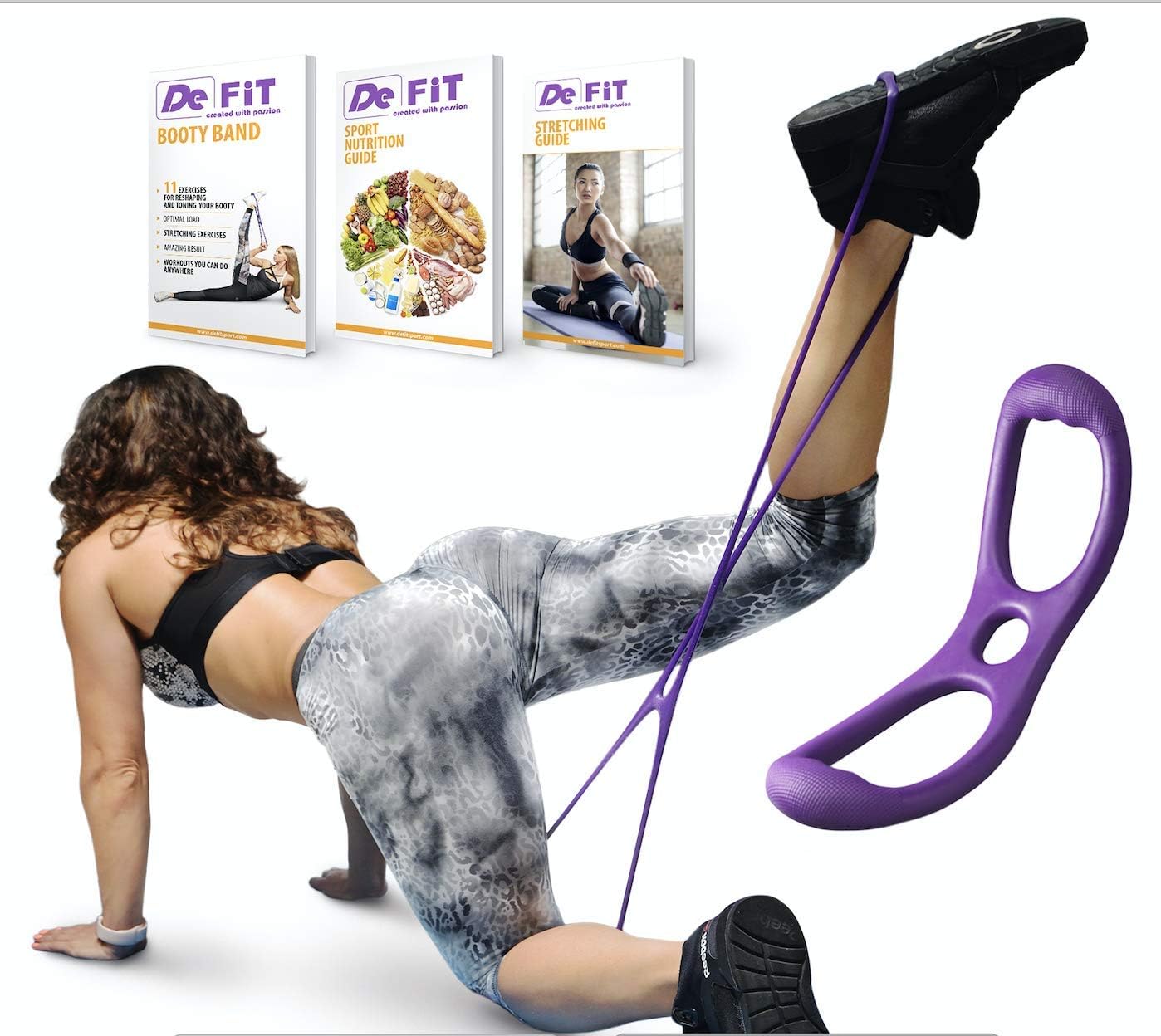 DeFiT Booty Band & Resistance Bands - Butt Workout Band - Set of Exercise Bands with Butt Band Belt, Unique iOS/Android App, Video Guide, eBooks, Nutrition Guide (Booty Band Pink and Purple)
