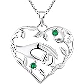 YL Heart Mother Necklace 925 Sterling Silver Mom Hand Pendant Birthstone Leaf Jewelry for Women