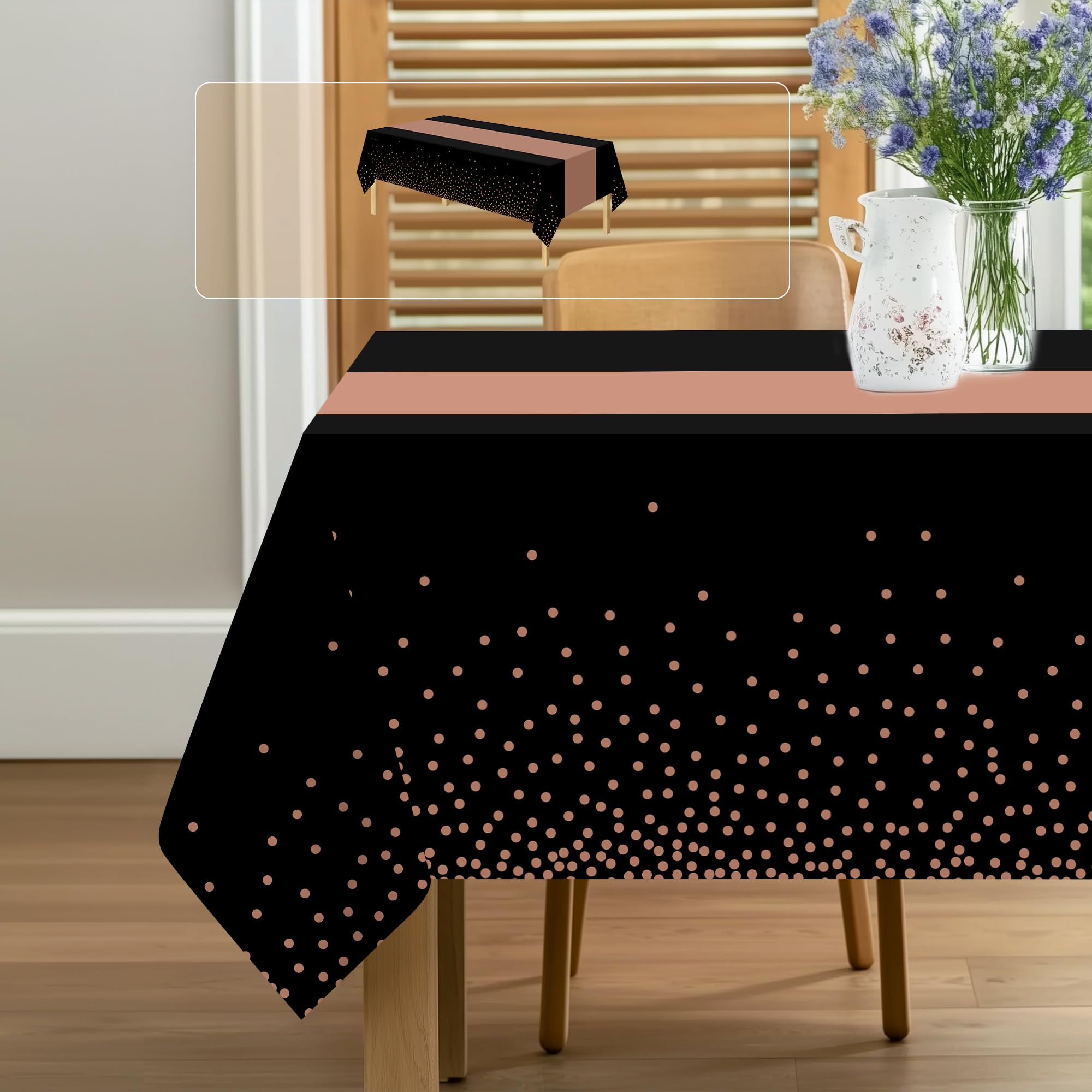 Photo 1 of 1 Pack Plastic Disposable Tablecloth 54x108 Inch Black Rose Gold Dot Tablecloth,Party Decorations,Waterproof Table Cover for Rectangle,Birthday,Party,Holiday,Home,Outdoor Picnic,Buffet Decorations