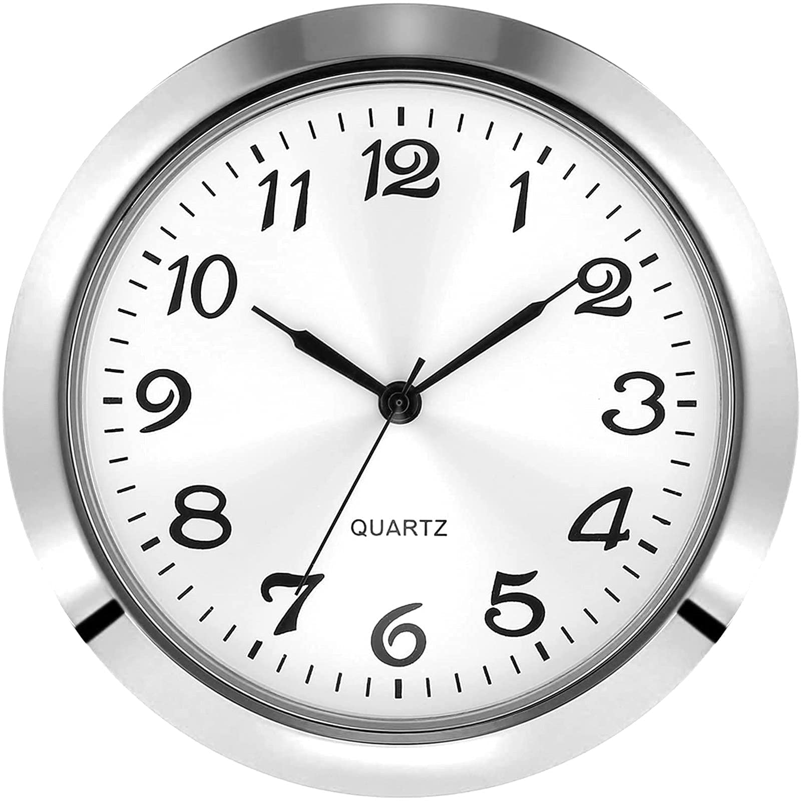 Photo 1 of 2-1/8 Inch (55 mm) Quartz Clock Insert, Zinc-Alloy Metal Case, Arabic Numeral, White Face (Silver)