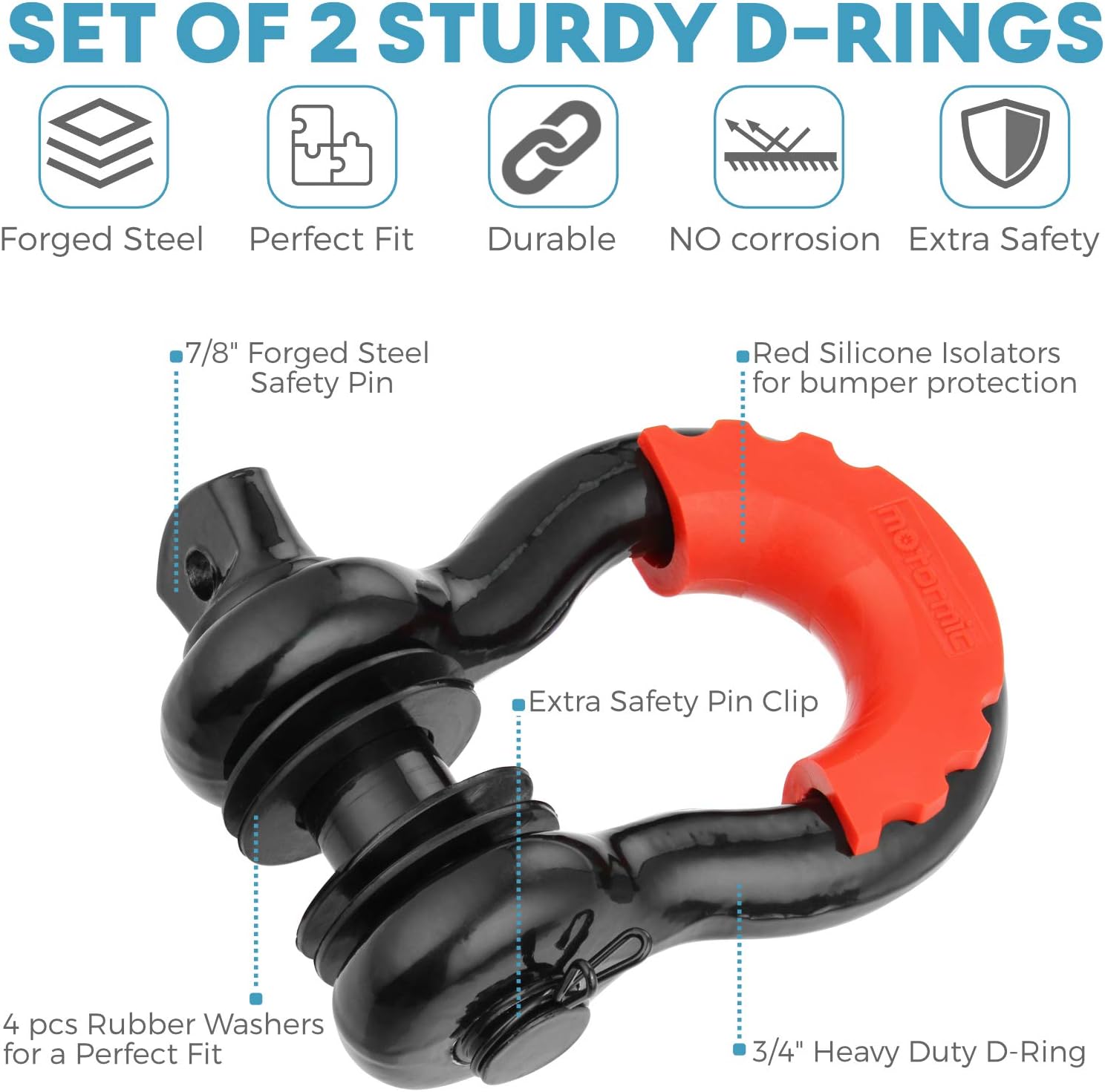 motormic Tow Strap Recovery Kit - 3" x 30ft (30,000 lbs.) Rope + 3/4" D Ring Shackles (2pcs.) + Storage Bag - Heavy Duty Straps for Winch - Truck, Car, ATV, Off Road Vehicle Towing: Automotive