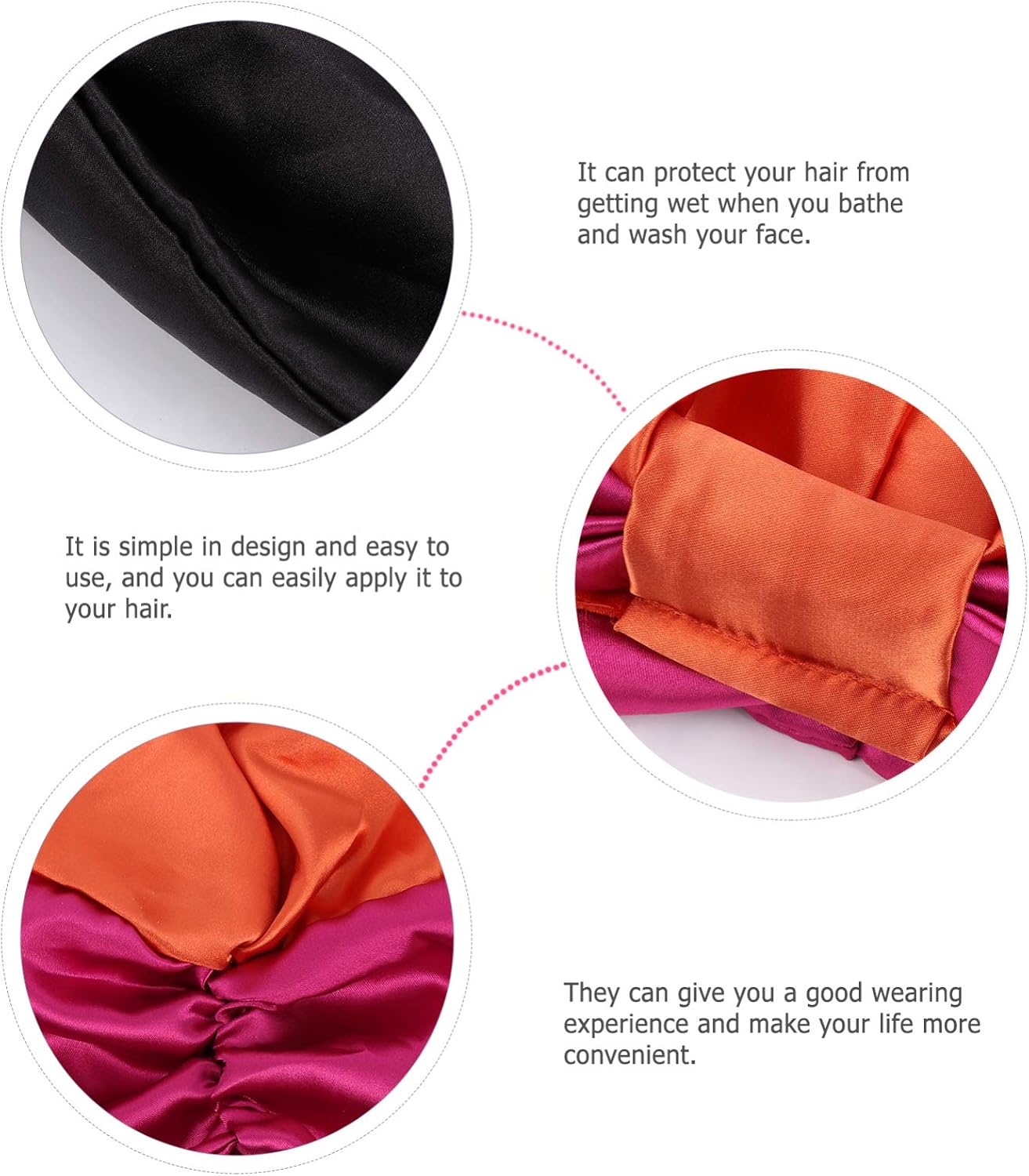 FRCOLOR Silk Bonnet Sleeping Cap for Natural Hair,Wide Band Satin Bonnet Hair Loss Caps Soft Hair Turbans Night Head Cover,2pcs (Black,Orange) - Image 4