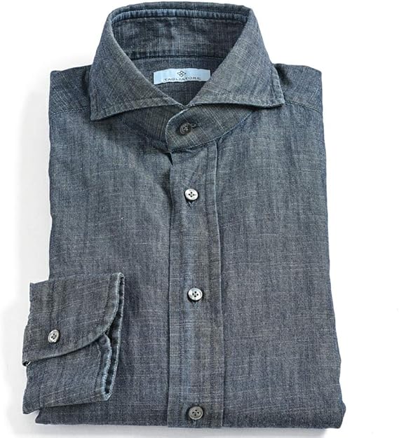 Amazon タリアトーレ デニム シャツ ホリゾンタルカラー オールシーズン 長袖 スリム メンズ コットン 綿100 ネイビー 青 イタリア ブランド Made In Italy カジュアル 並行輸入品 シャツ 通販