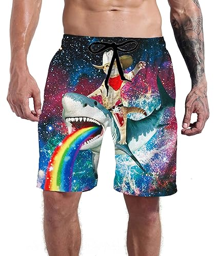 Mens Shark Cat Swim Trunks Rave 3D Galaxy Printed Rainbow Bathing