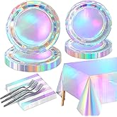 Iridescent Party Supplies for 20 Guests, Disposable Iridescent Tableware Set Includes Holographic Paper Plates, Napkins, Forks, Tablecloth for Birthday Mermaid Themed Party Decorations Wedding