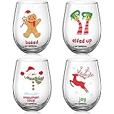 Hushee Set of 4 Christmas Wine Glasses Christmas Glasses Drinkware Xmas Stemless Wine Glass for Home Housewarming Creative Gifts Teacher Men Woman Family Coworkers Holiday Party Decor