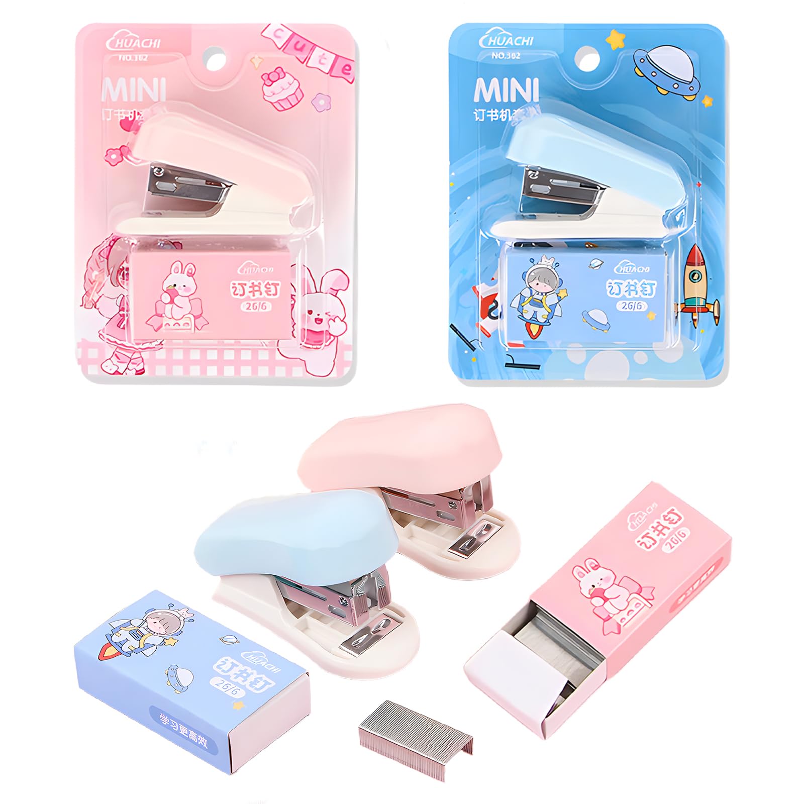 JYJLLM 2 Sets Mini Easy Desktop Stapler, 24/6 Standard Staples, Built-in Stapler Remover for Students and Office, Black and White (Pink and Blue)