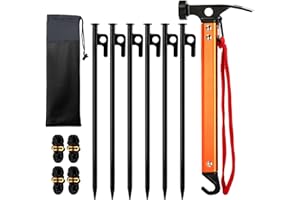 Suwimut Tent Stakes, 6 Pieces 12 Inch Heavy Duty Metal Tent Stakes with Hammer, 4x13ft Reflective Ropes and Storage Bag, Outd
