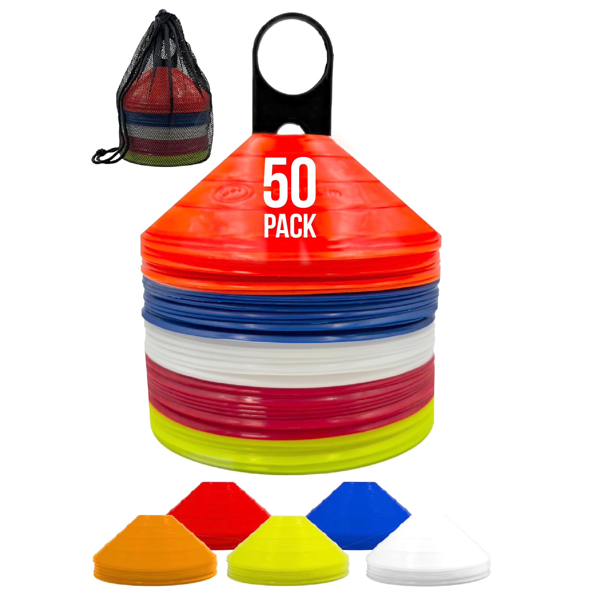 Optimum Marker Training Cones Pack of 50, Highly-Visible, Durable & Flexible Sports Cones with Carry Stand for Multi-Sport Drills Including Football, Rugby, Hockey, Cricket, Gym & Dog Training & More