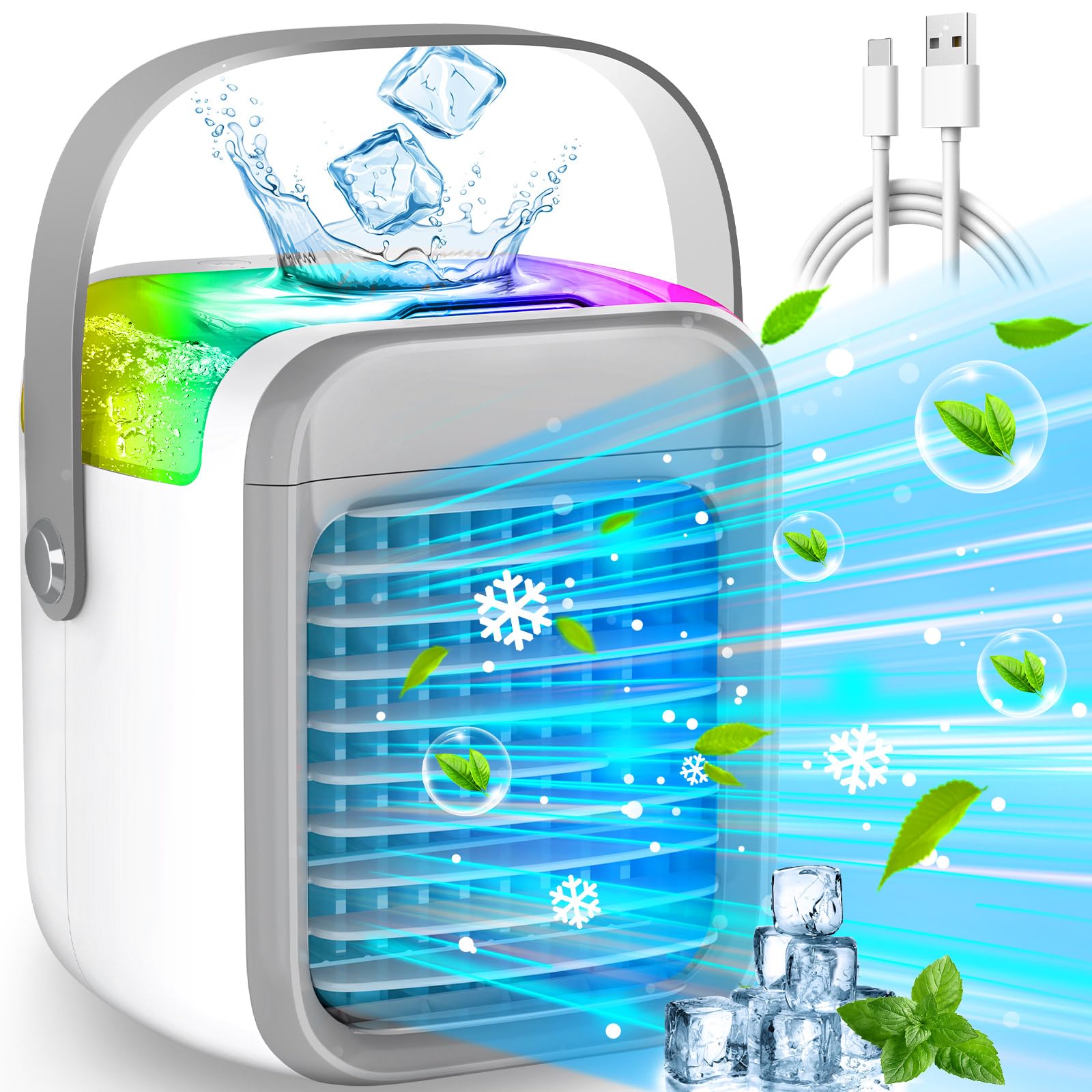 Portable, Rechargeable Evaporative Air Conditioner Fan with 3 Speeds 7 Colors, 3 in 1 with Water Tank, Cordless Personal with Handle for Home, Office and Room