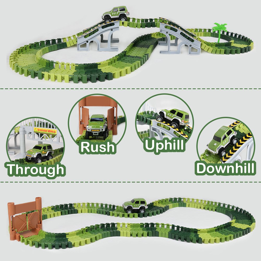 Nuheby Dinosaur Toys Car Racing with 142pcs Flexible Race Track Set -2Dinosaurs 1 Military Vehicles,4 Trees,2 Slopes,1 Door and 1 Bridge for Party Games 3 Year Old Girl&Boy Gifts