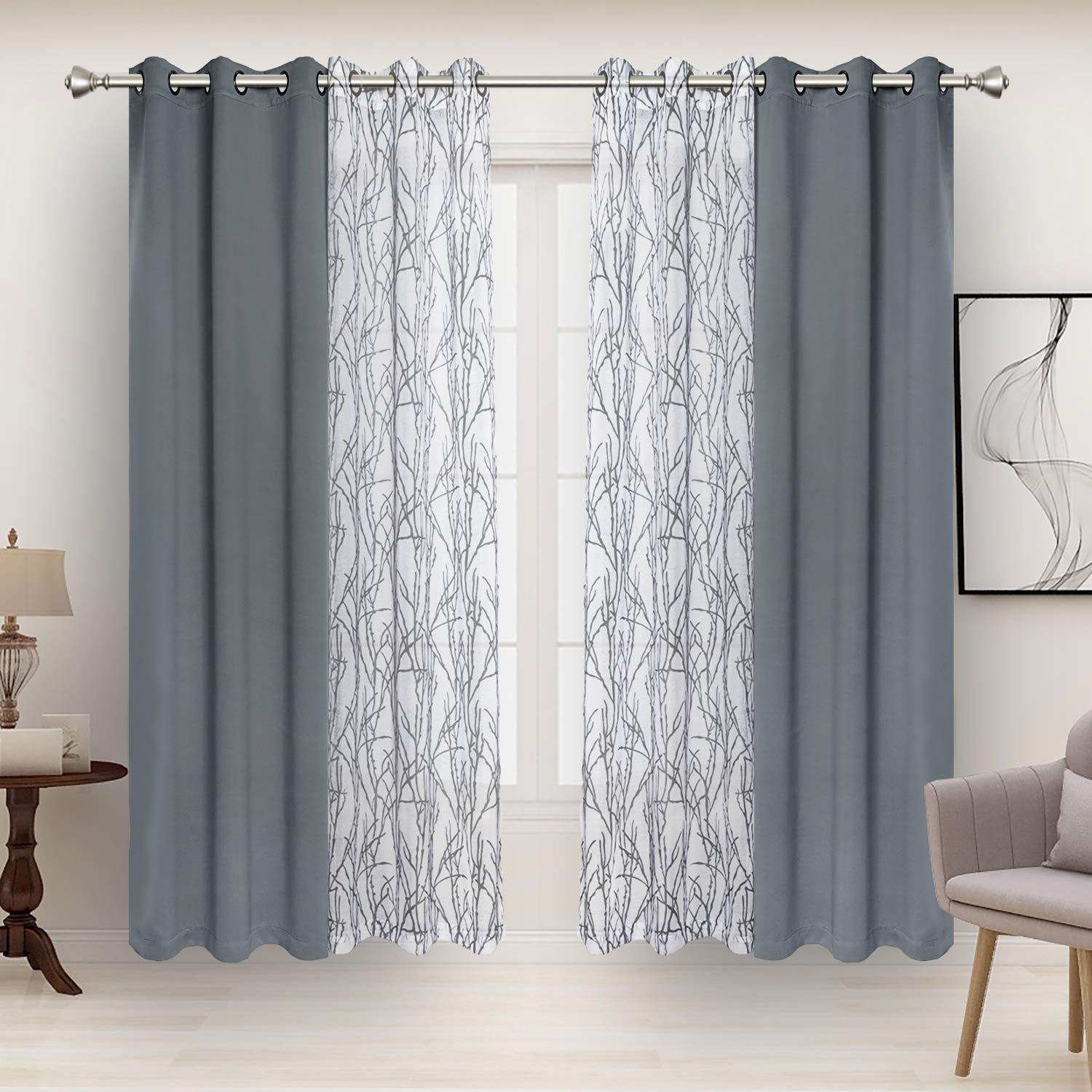 BONZER Mix and Match Curtains - 2 Pieces Branch Print Sheer Curtains and 2 Pieces Blackout Curtains for Bedroom Living Room Grommet Window Drapes, 37x63 Inch/Panel, Light Grey, Set of 4 Panels