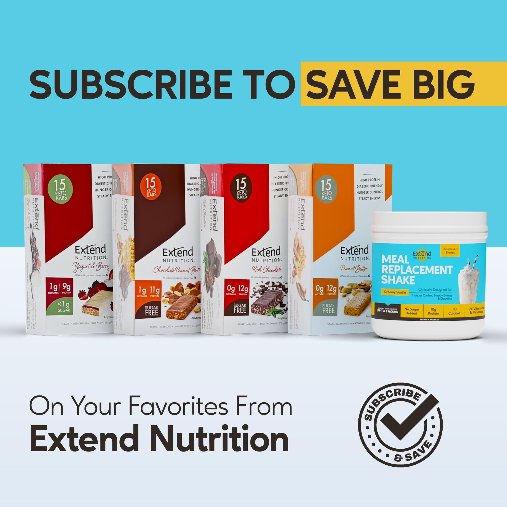 Extend Shake Powder – Diabetic High Protein Nutritional Drink for Meal Replacement, Blood Sugar Management, Weight Loss, Keto Friendly, Low Sugar, Low Carb, 10g Protein, Creamy Vanilla, 15 Servings
