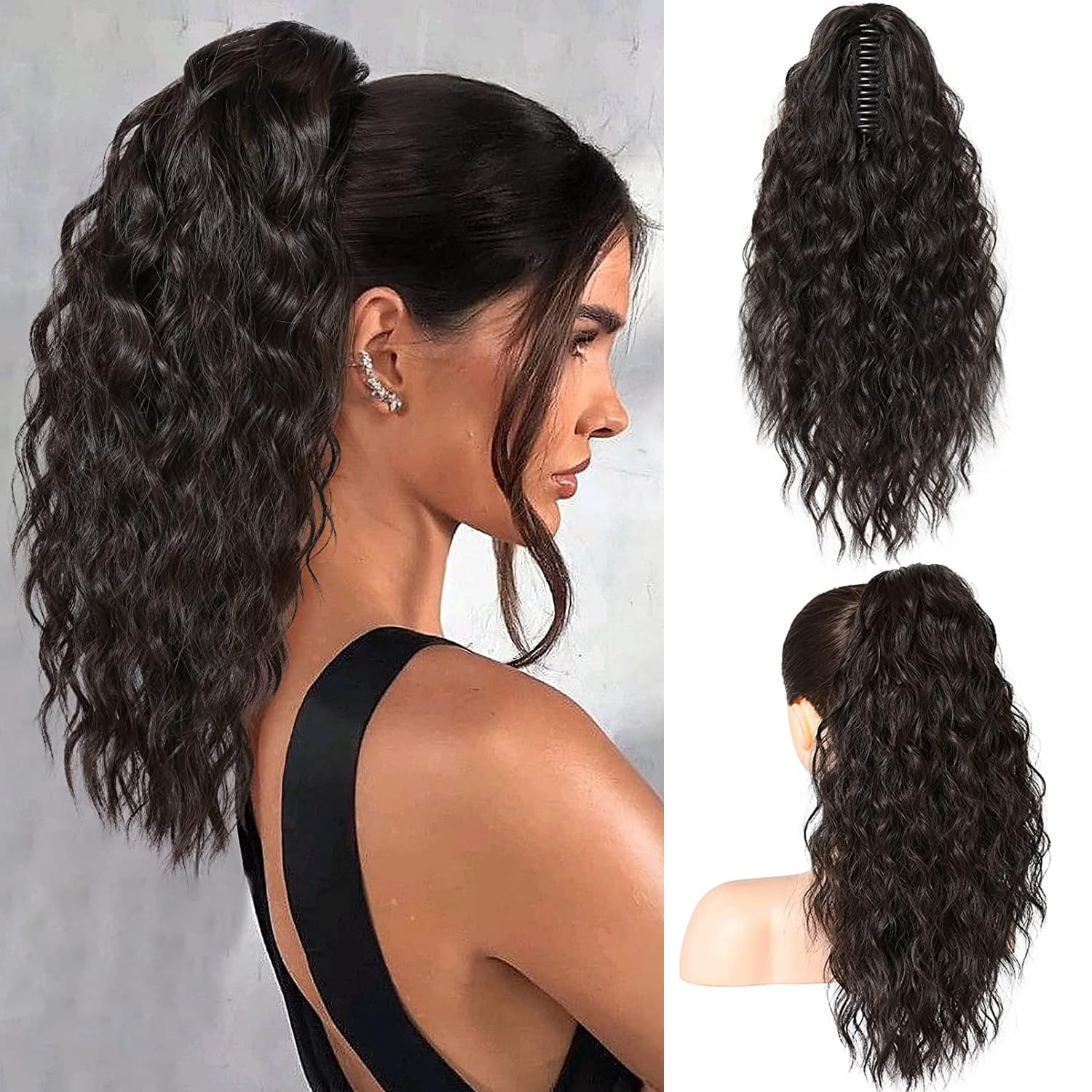 PORSMEER Ponytail Extension,Claw Clip Ponytail Hair Extensions Black Brown Natural Looking Long Curly Wavy Multi Layered Fluffy Synthetic Hairpiece for Women Daily Wear or Party,18inch