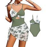 Girls'Swimwear One Piece Kids Swimsuits for Girls Tropical Twist Cross Bathing Suits with Cover Up Skirt